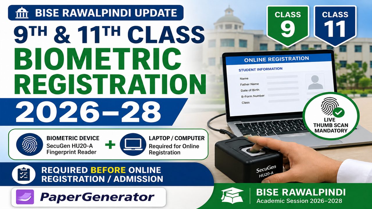 BISE Rawalpindi biometric registration 2026–28 showing fingerprint scanner and laptop required for Class 9 and 11 online registration