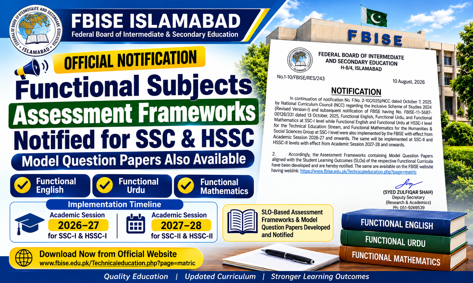 FBISE Functional Subjects Assessment Frameworks and Model Question Papers 2026-27