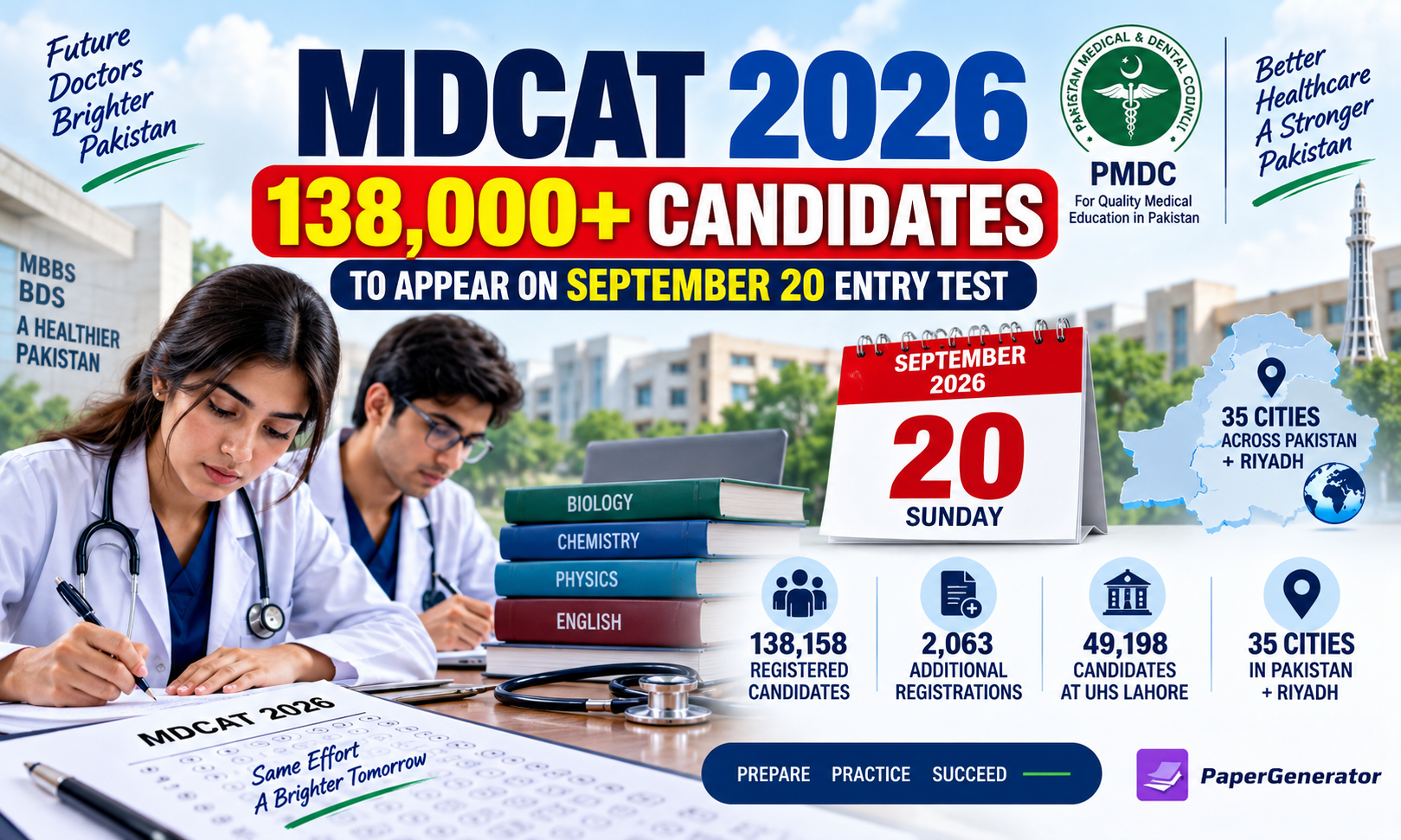 MDCAT 2026 with over 138,000 candidates appearing on September 20