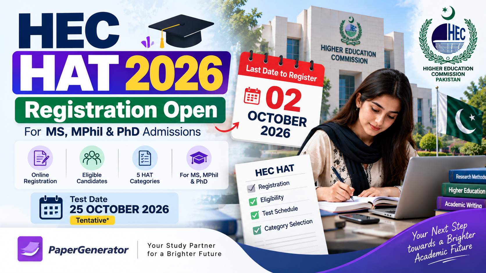 HEC HAT 2026 registration open with deadline October 2 and test schedule for MS MPhil and PhD applicants.