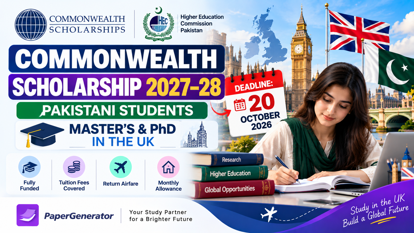 Commonwealth Scholarship Programme 2027-28 for Pakistani students to study Master's and PhD programmes in the UK