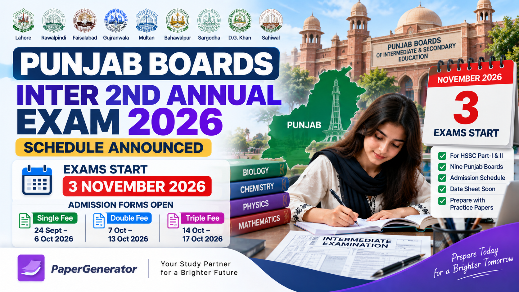Punjab Boards Intermediate HSSC Second Annual Examination 2026 schedule and admission dates