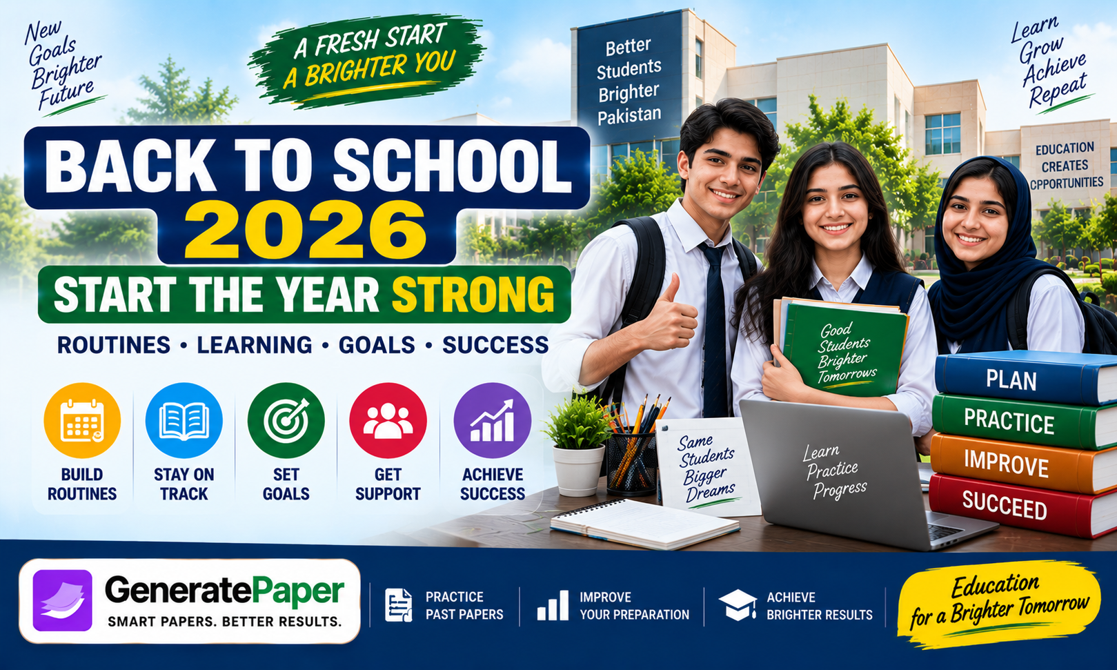 Students preparing for a new academic year with books and school supplies