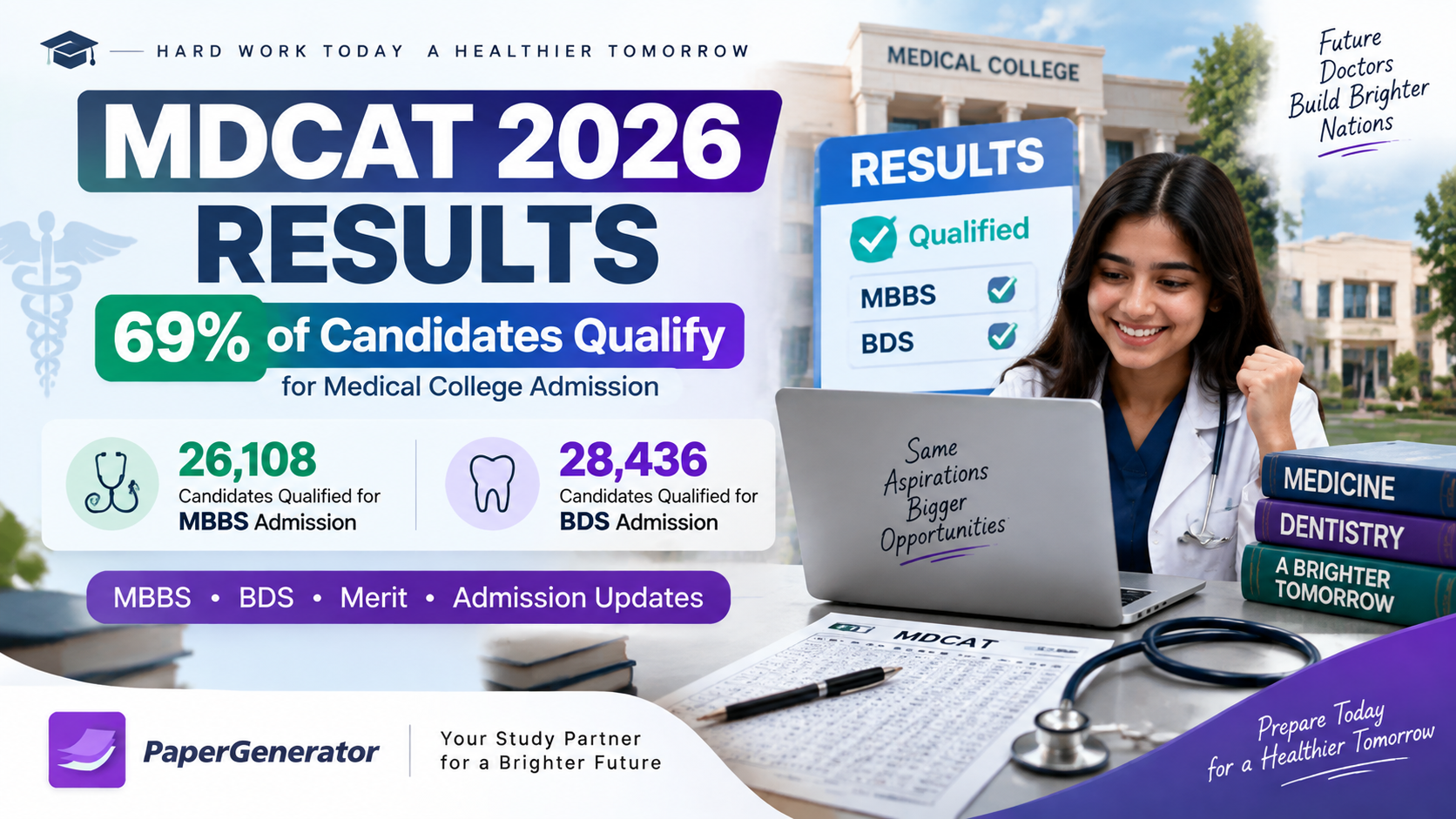 MDCAT 2026 results announcement showing qualified candidates for MBBS and BDS medical college admission