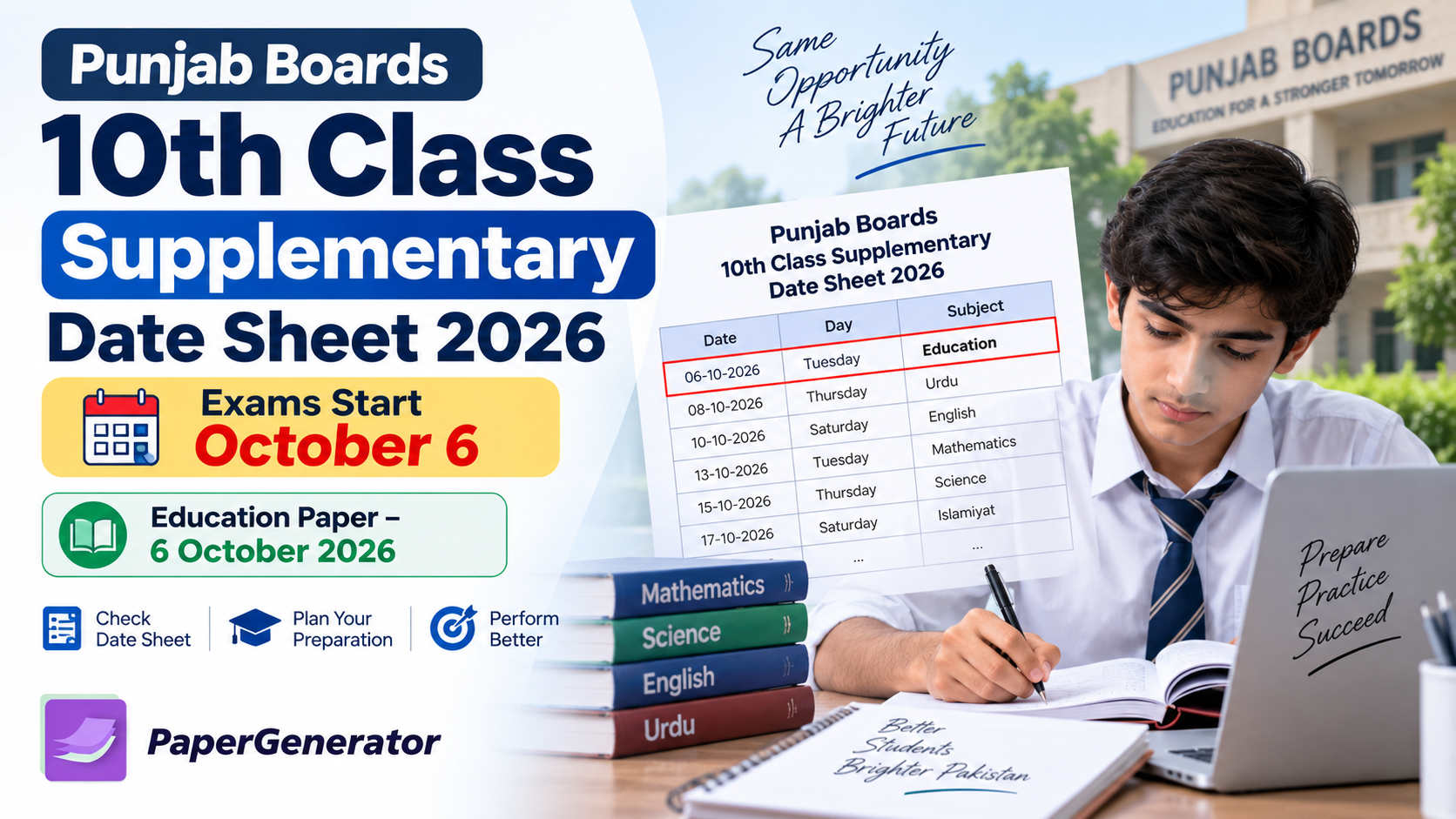 Punjab Boards 10th Class Supplementary Date Sheet 2026 with exams starting October 6