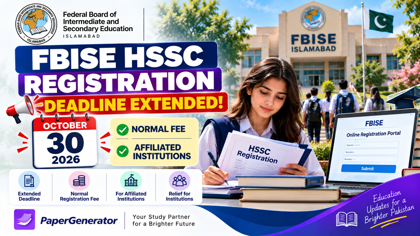 FBISE HSSC registration deadline extended to October 30 2026 for affiliated institutions