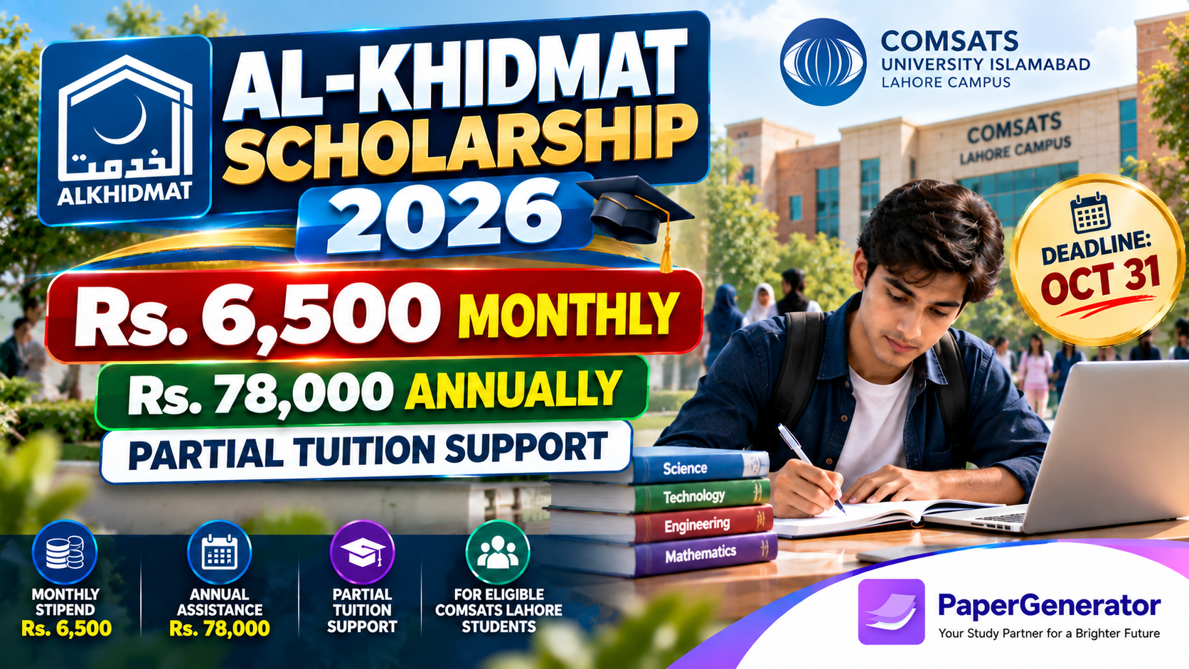 Al-Khidmat Academic Scholarship 2026 offering Rs. 6,500 monthly stipend to eligible undergraduate students