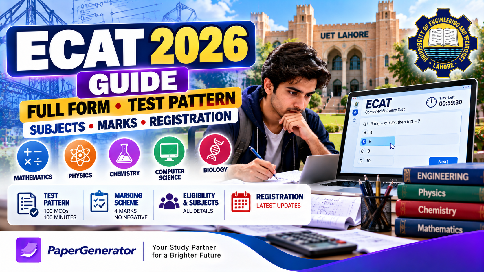 ECAT 2026 guide showing test pattern, subjects, registration and UET entrance test preparation