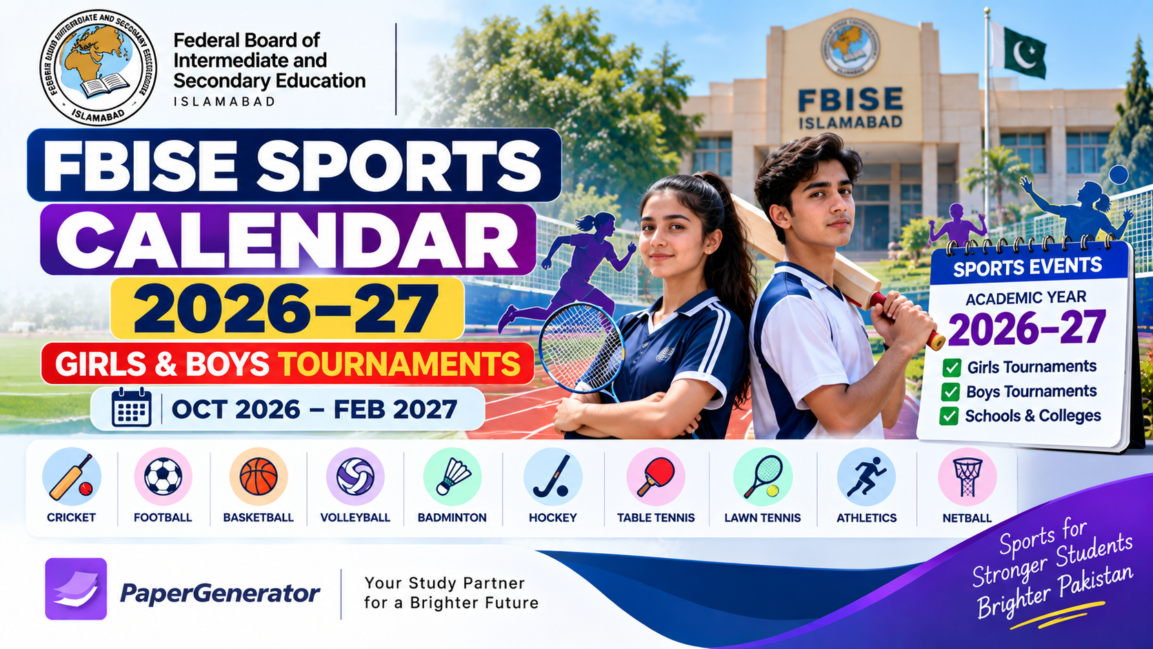 FBISE Sports Calendar 2026-27 showing girls’ and boys’ inter-collegiate and inter-directorate tournament schedule