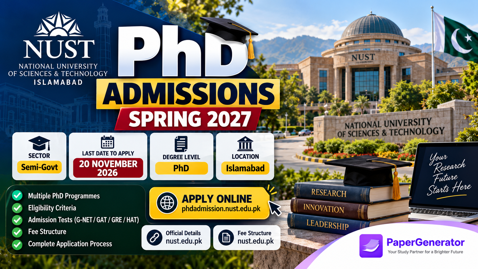 NUST PhD Admissions Spring 2027 in Islamabad with application deadline of November 20, 2026