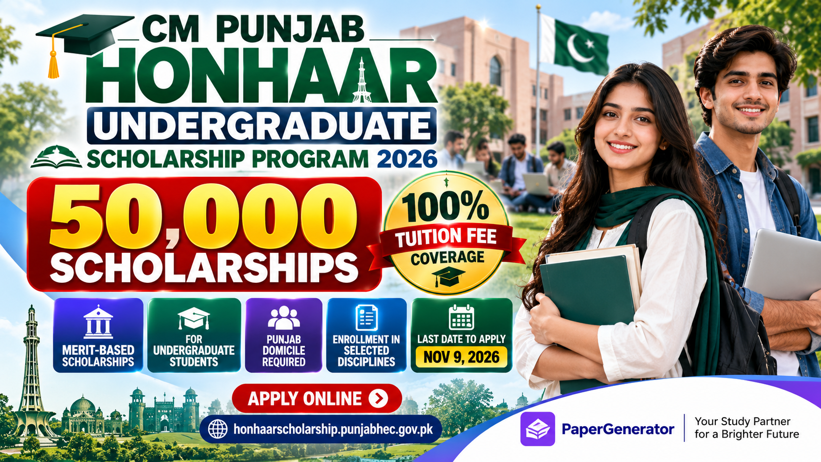 CM Punjab Honhaar Undergraduate Scholarship 2026 offering 50,000 merit-based scholarships