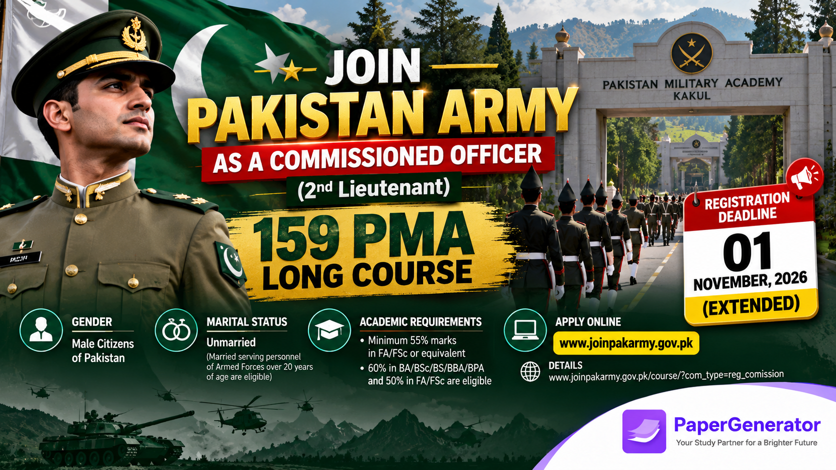 159 PMA Long Course 2026 – Join Pakistan Army as a Commissioned Officer (2nd Lieutenant), with registration deadline of November 1, 2026.